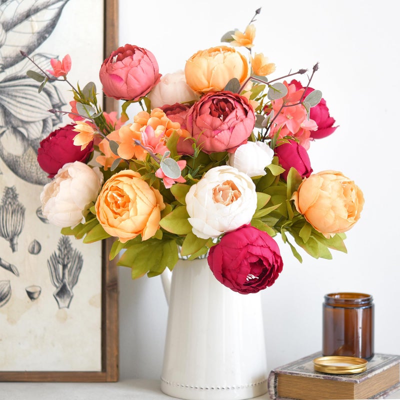 FiveSeasonStuff Artificial Peony Bouquets, 2 Silk Flower Bundles in Peach, Coral, Cream & Burgundy with Hydrangeas for Wedding Centerpieces & Home Decor (Country Delightful) - Image 5